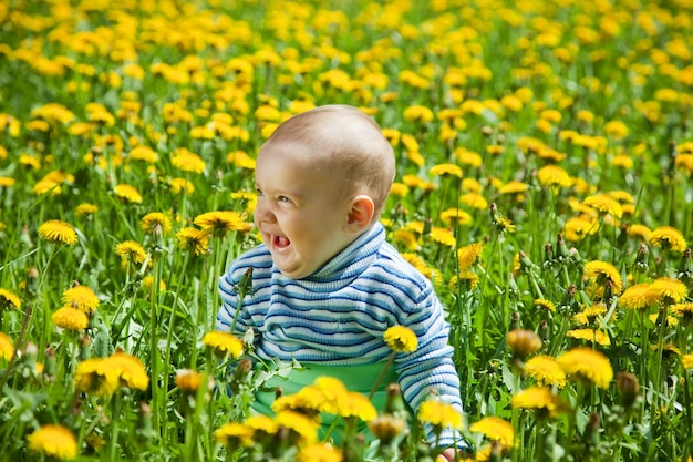 seven months  baby sitting in  meadow