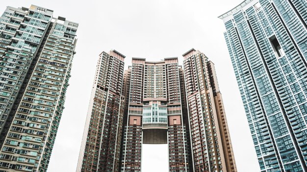 several curtain wall buildings under white sky