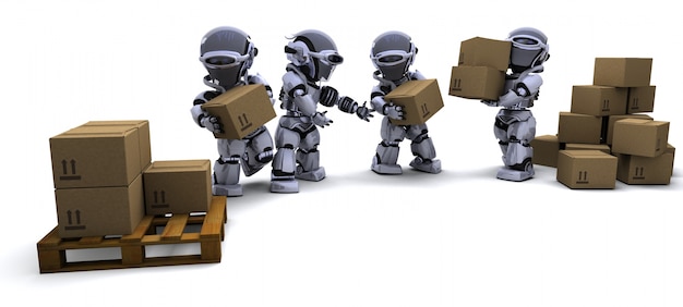 Several robots with shipping boxes