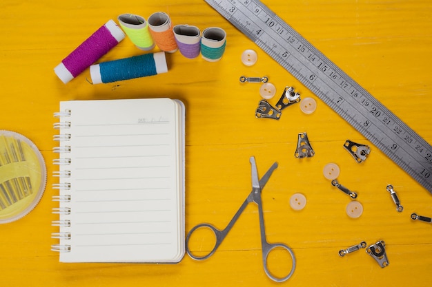 A sewing kit, needle, thread, a needle, placed on a yellow wooden floor.