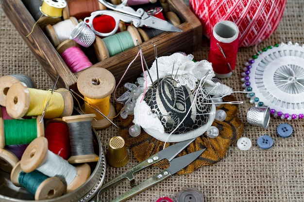 Premium Photo | Sewing threads and needles