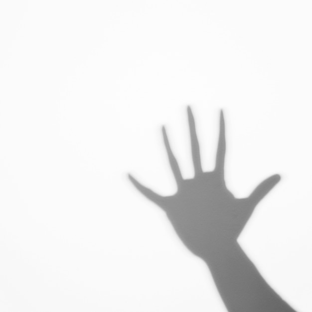 Shadow of human palm on white backdrop