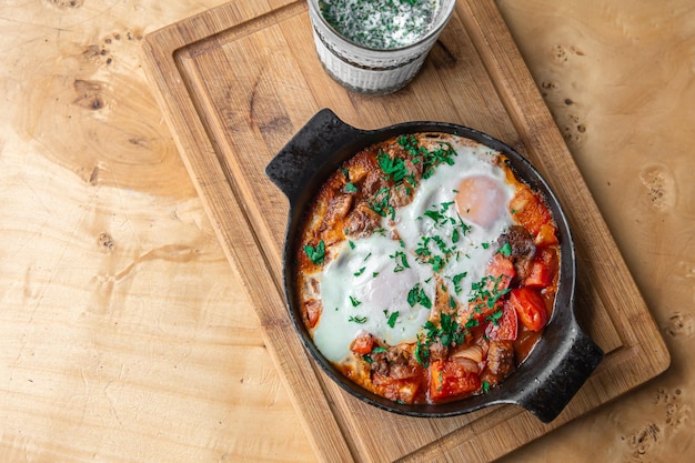 Shakshuka in a frying pan and a glass of ayran healthy and tasty food