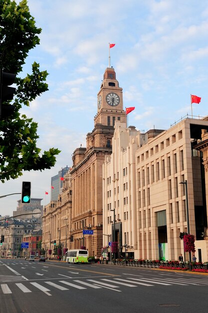 Shanghai historic architecture on street in the morning with blue sky.