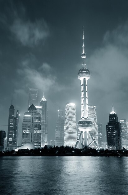 Shanghai skyline at night in black and white