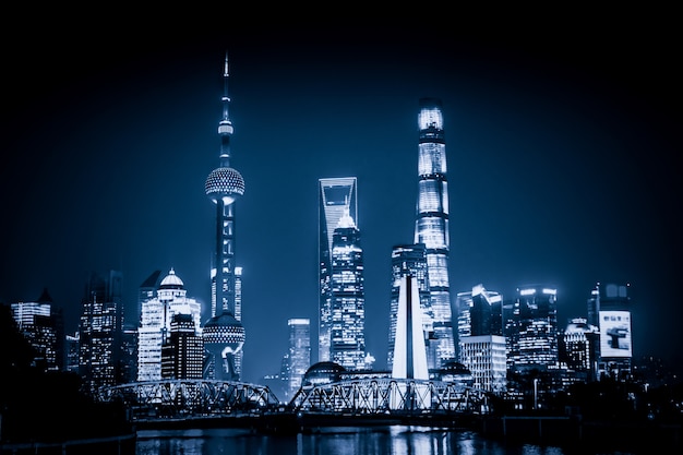 Shanghai skyline with historical Waibaidu bridge, China