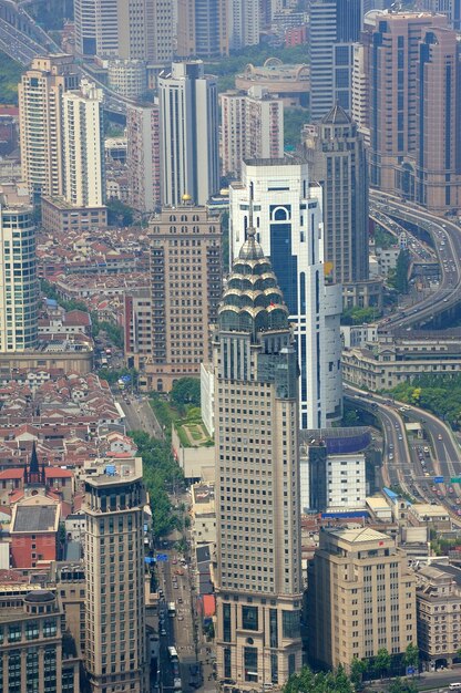 Shanghai urban city aerial view with skyscrapers.