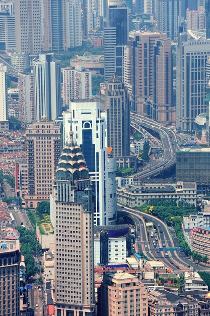 Shanghai urban city aerial view with skyscrapers.