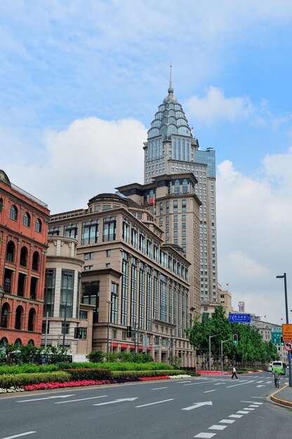 Shanghai Waitan district with historic buildings and street with blue sky