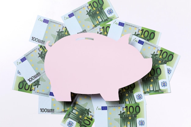 Shape of piggy bank surrounded by euros