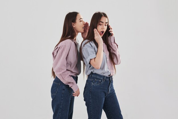 Sharing with secrets. Two sisters twins standing and posing