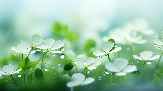 In sharp focus white clover stands out against a softly blurred backdrop