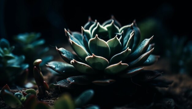 Sharp thorns adorn succulent plant in dark soil generated by AI