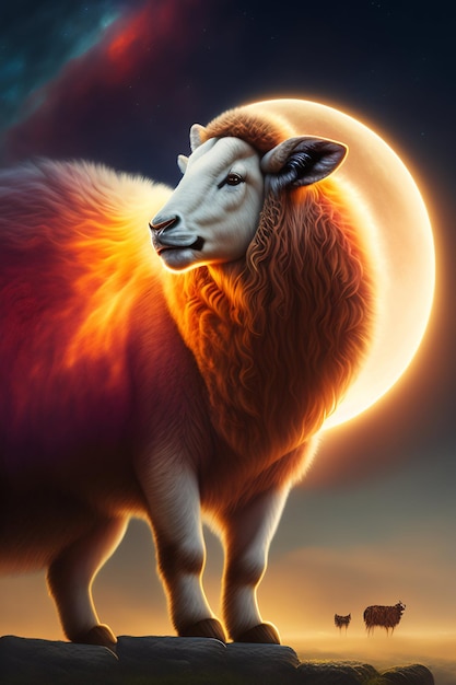 A sheep with a sunset behind it