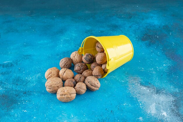 Shelled walnuts in a bucket , on the blue table. 