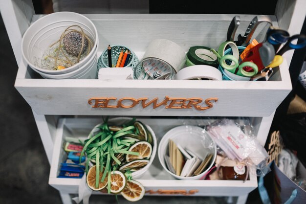 Shelves with florist's working stuff