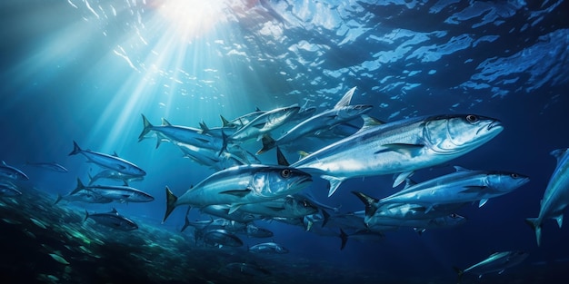 Foto gratuita barracuda scintillanti sciamano in massa nel profondo mare blu