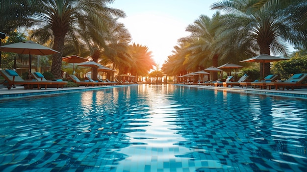 Free photo the shimmering surface of a luxurious swimming pool surrounded by palm trees and lounge chairs