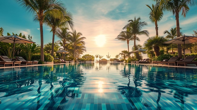 The shimmering surface of a luxurious swimming pool surrounded by palm trees and lounge chairs