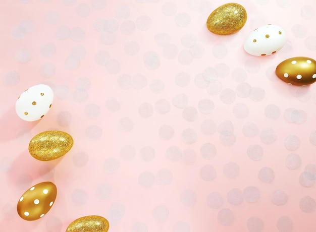 파스텔 핑크 배경에 황금색과 흰색 달걀과 얇은 명주 그물 색종이 조각의 빛나는 구성. 부활절 휴가를 위한 광고 콘텐츠. 평평한 평지, 위쪽 보기, 텍스트 복사 공간.