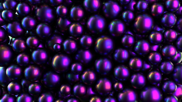 Shiny balls fall into a pool or screen on a black background. Animation of iridescent spheres fill the volume. 3D render with transparency in alpha.