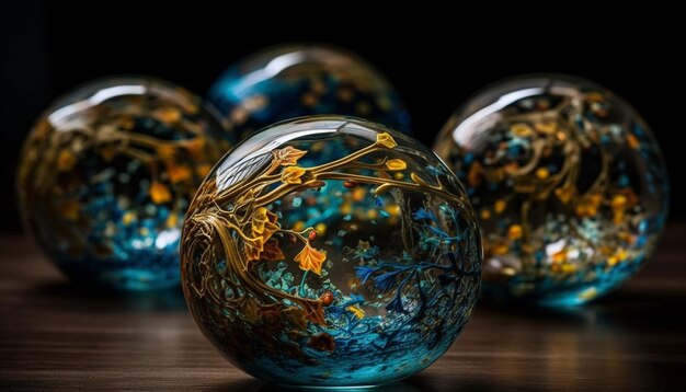 Shiny blue spheres reflect abstract nature creativity generated by AI