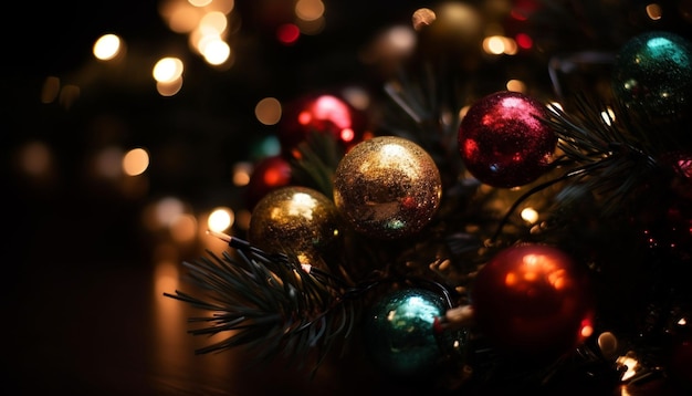 Блестящая рождественская елка светится освещенными украшениями в ярких цветах, созданных искусственным интеллектом