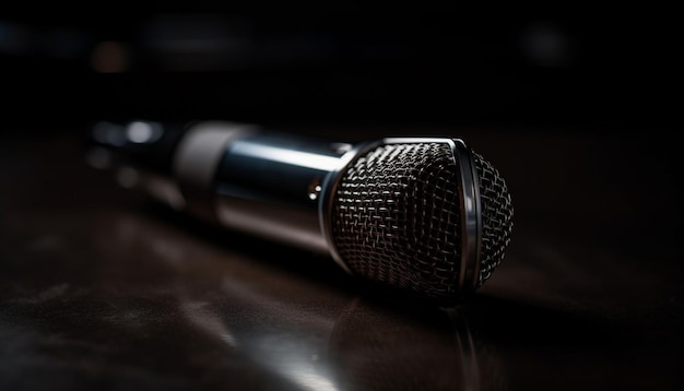 Блестящий хромированный микрофон стоит на металлическом столе, созданном ИИ
