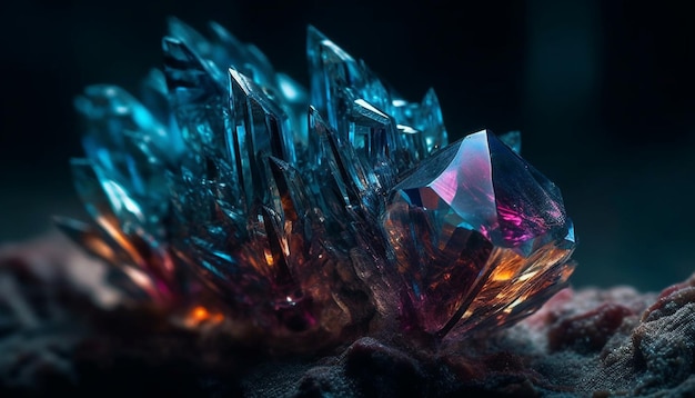 Shiny gemstones illuminate blue nature in darkness generated by AI