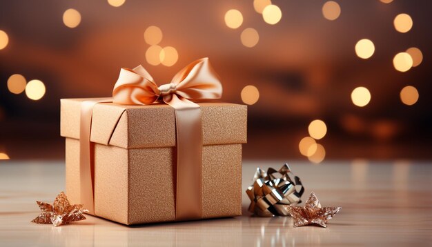 A shiny gift box wrapped in gold paper illuminates love generated by artificial intelligence