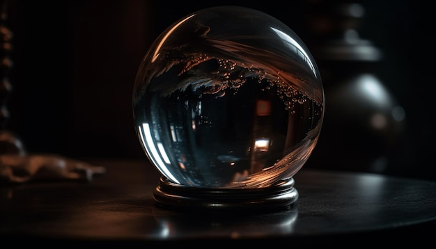 Shiny glass reflects drink on dark table generated by AI