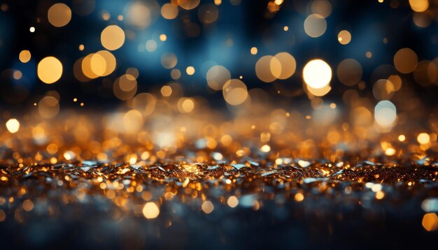 반 ⁇ 이는 금색 배경은 인공지능에 의해 생성 된 활기찬 크리스마스 불빛으로 조명 된 축하입니다.