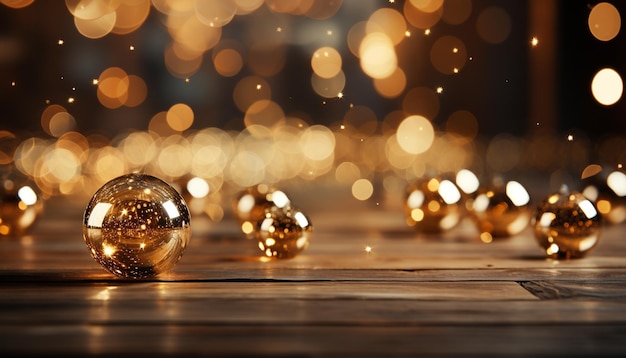 人工知能によって生成された暗い木のテーブルの上で輝く金色のクリスマス ボール