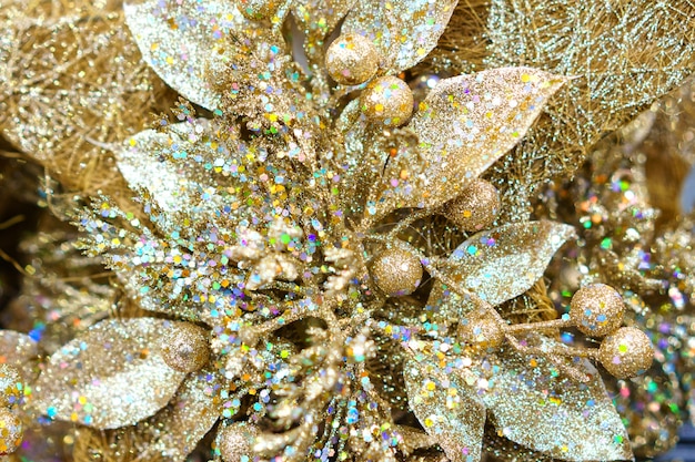 Shiny gold Christmas snowflake close-up, holiday accessories for the Christmas tree