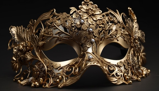 Бесплатное фото Блестящий золотой костюм и богато украшенная маска ослепляют, созданные искусственным интеллектом