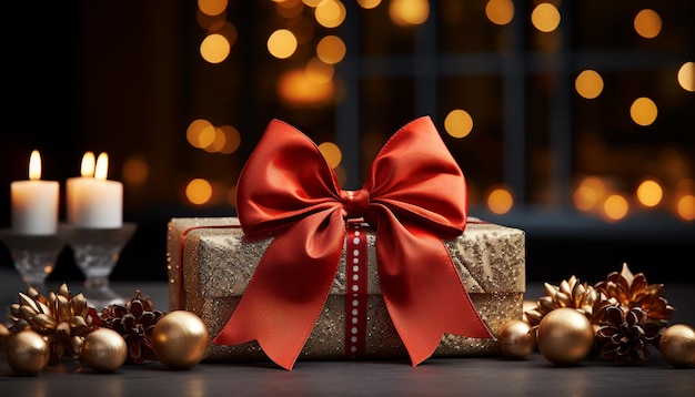 人工知能によって生成された木製テーブル上のクリスマス プレゼントを照らす、光沢のある金の装飾