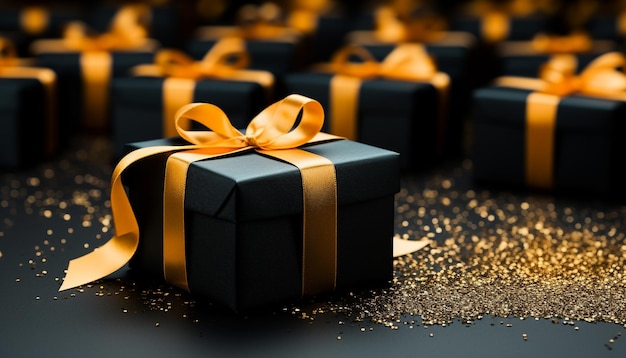 Free photo shiny gold gift box wrapped in colorful birthday wrapping paper generated by artificial intelligence