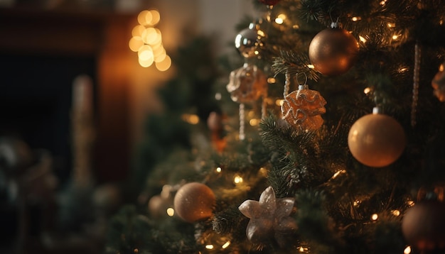 Блестящие золотые украшения украшают светящуюся рождественскую елку, созданную искусственным интеллектом