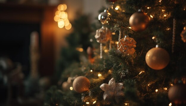 Shiny gold ornaments decorate glowing Christmas tree generated by AI