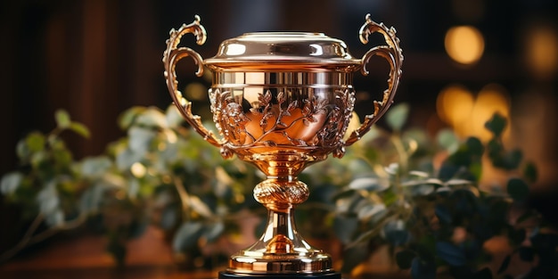 Free photo shiny golden trophy against a wooden backdrop