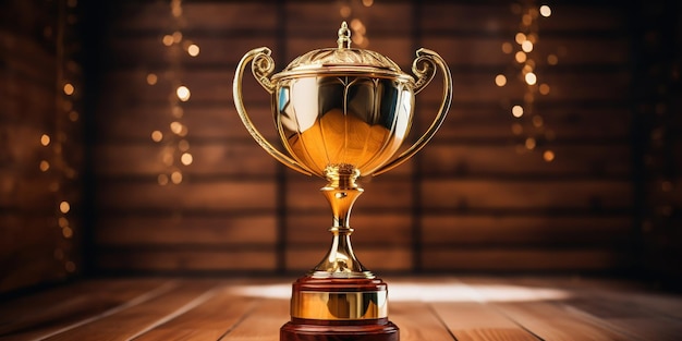 Free photo shiny golden trophy against a wooden backdrop