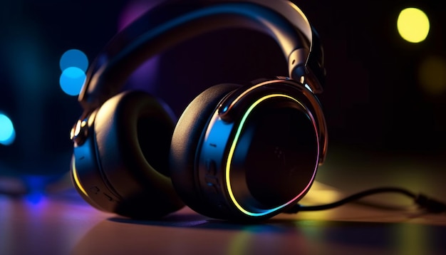 Shiny headphones illuminate nightclub modern entertainment generated by AI
