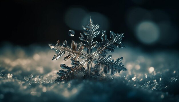 Блестящая снежинка на морозном зимнем дереве, созданная искусственным интеллектом