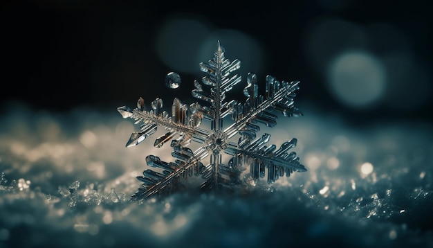 AI によって生成された、凍るような冬の木に輝く雪の結晶の装飾