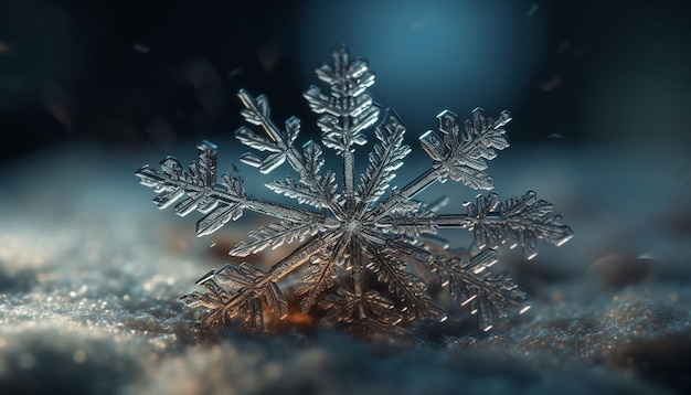 Foto gratuita il fiocco di neve splendente si illumina in una notte invernale buia generata dall'intelligenza artificiale