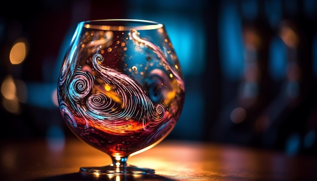 AI によって生成されたデフォーカス バーの真夜中のリフレッシュメントに光沢のあるワイングラス