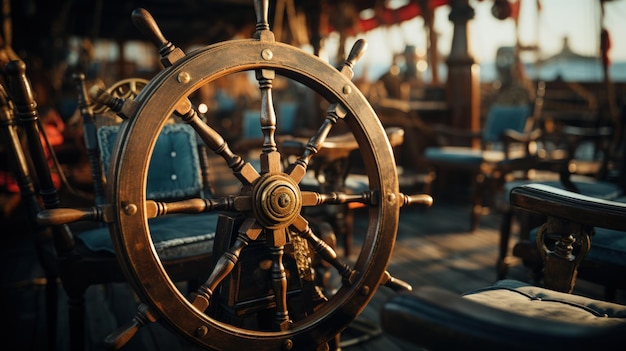 Free photo ship steering wheel on a dark background steering wheel on a dark background