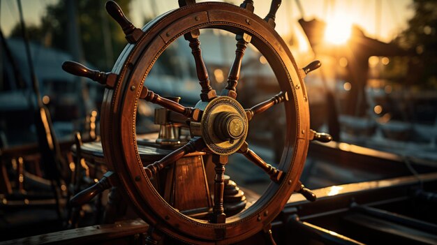 Ship steering wheel on the deck of a sailing ship at sunset