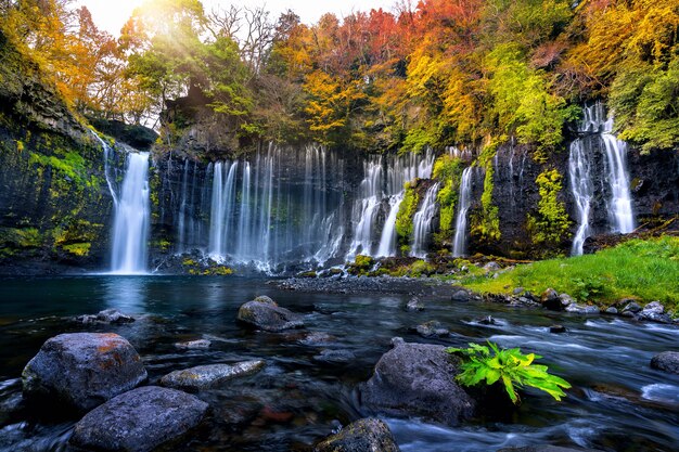 Shiraito waterfall in autumn, Japan.