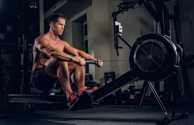 Free photo shirtless athletic male doing workouts on muscles of a back on power weight machine in a gym club.